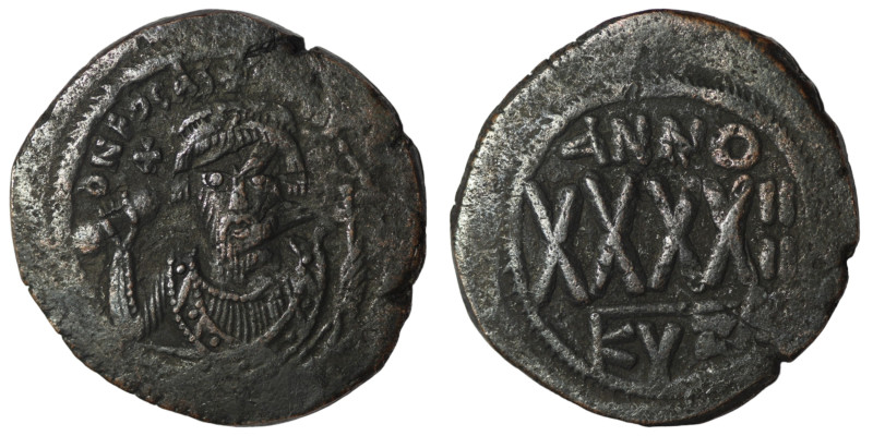 Phocas. (605-606 AD). Æ 40 Nummi. Cyzicus. Obv: bust of Phocas facing. Rev: ANNO...