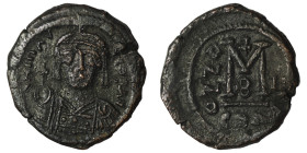 Maurice Tiberius. (582-602 AD). Follis. Constantinople. Obv: bust of Maurice Tiberius facing. Rev: A/N/N/O M. 30mm, 10,29g