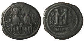 Justin II. and Sophia. (565-578 AD). Follis. Nikomedia. Obv: Justin II. and Sophia enthroned facing. Rev: ANNO / M. 31mm, 12,96g