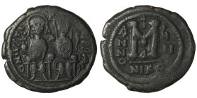 Justin II. and Sophia. (565-578 AD). Follis. Nikomedia. Obv: Justin II. and Sophia enthroned facing. Rev: ANNO / M. 31mm, 12,96g