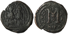 Justin II. and Sophia. (565-578 AD). Follis. Nikomedia. Obv: Justin II. and Sophia enthroned facing. Rev: ANNO / M. 31mm, 10,77g