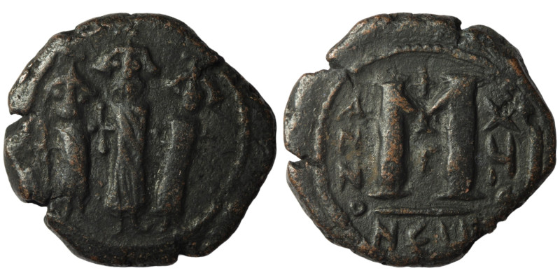 Heraclius. (610-641 AD) Æ Follis. Theoupolis. Obv: Heraclius and sons standing f...