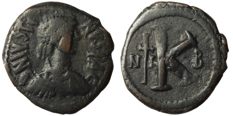 Justin I. (518-527 AD) Æ 1/2 Follis.Obv: D N IVSTINVS P P AVG. diademed bust rig...