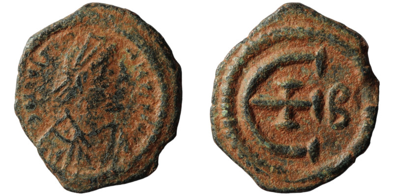 Justinian I. (527-565 AD). Æ Pentanummium. Antioch. Obv: diademed bust Justinian...