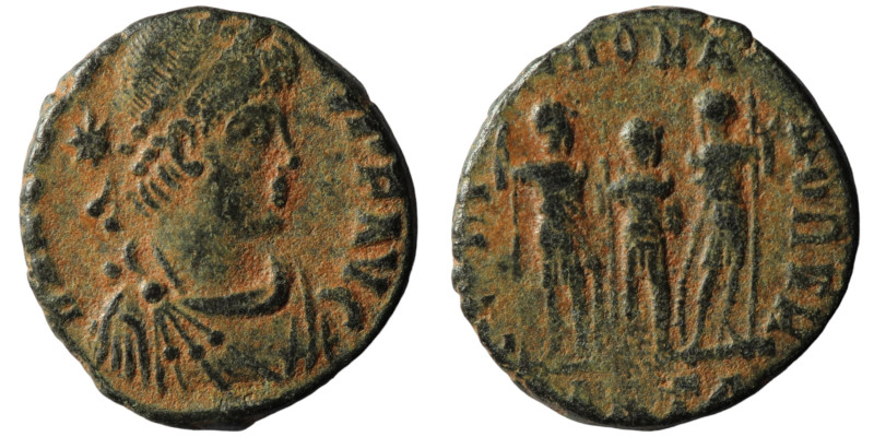 Honorius. (406-408 AD). Æ Follis. Antioch. Obv: D N HONORIVS P F AVG. perl-diade...