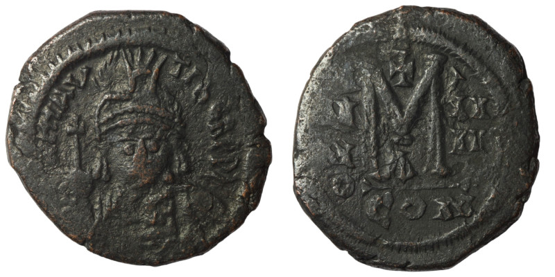 Maurice Tiberius. (582-602 AD). Follis. Constantinople. Obv: bust of Maurice Tib...