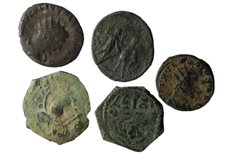 Lot of 5 ancient coins. artificial sandpatina. sold as seen, no return.