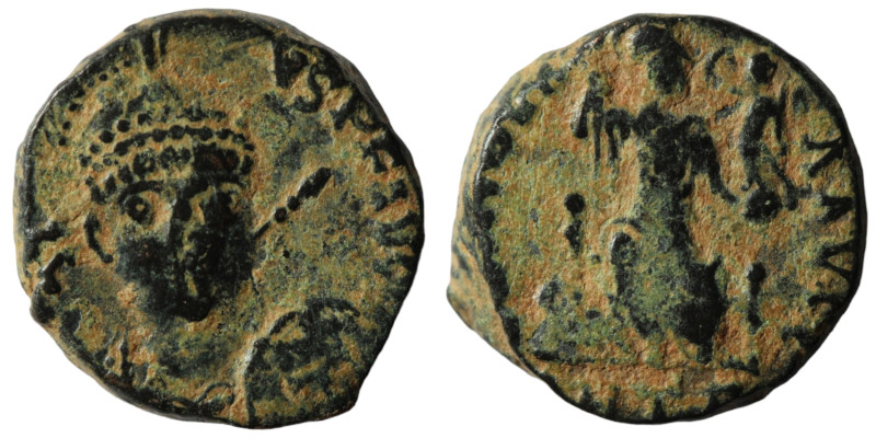 Honorius. (401-403 AD). Follis. Antioch. Obv: DN HONORIVS PF AVG. helmeted bust ...