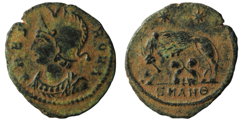 Constantinus I. (306-337 AD). Æ Follis. Antioch. Obv: VRBS ROMA. helmeted bust o...