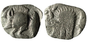 Mysia. Kyzikos. (450-400 BC) AR Obol. (9mm, 0,26g) Obv: forepart of wild boar left and fish. Rev: head of roaring lion left.