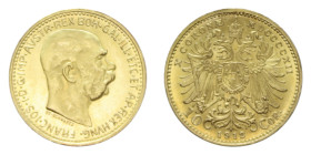 AUSTRIA FRANCESCO GIUSEPPE I 10 CORONA 1912 AU. 3,40 GR. FDC (SEGNETTI AL D/ - RESTRIKE)