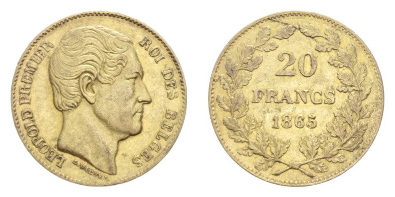 BELGIUM LEOPOLD PREMIER 20 FRANCS 1865 AU. 6,45 GR. BB+