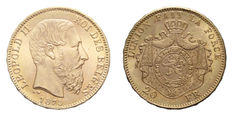 BELGIUM LEOPOLD II 20 FRANCS 1875 AU. 6,45 GR. FDC (SEGNETTO AL D/)