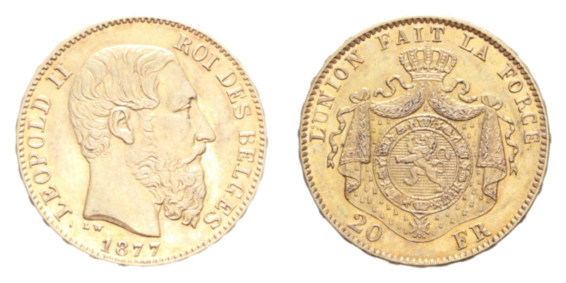 BELGIUM LEOPOLD II 20 FRANCS 1877 AU. 6,44 GR. SPL