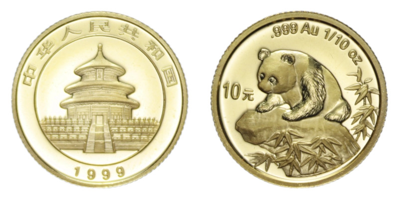 CHINA 10 YUAN 1999 PANDA AU. 3,13 GR. PROOF