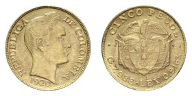 COLOMBIA 5 PESOS 1920 AU. 8,13 GR. qSPL