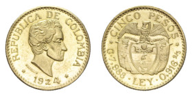 COLOMBIA 5 PESOS 1924 AU. 7,97 GR. SPL/SPL-FDC