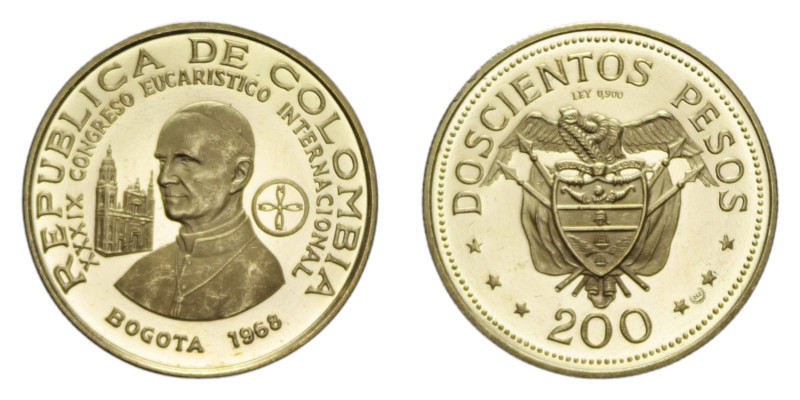 COLOMBIA 200 PESOS 1968 CONGRESSO EUCARISTICO AU. 8,63 GR. PROOF