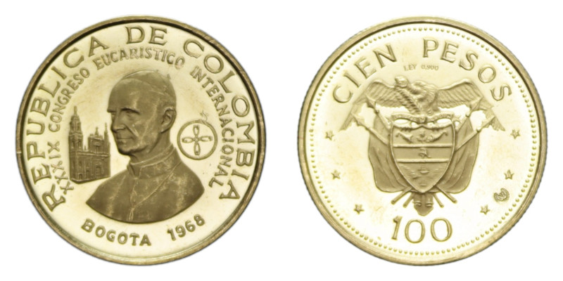 COLOMBIA 100 PESOS 1968 CONGRESSO EUCARISTICO AU. 4,32 GR. PROOF (LEGGERI SEGNET...