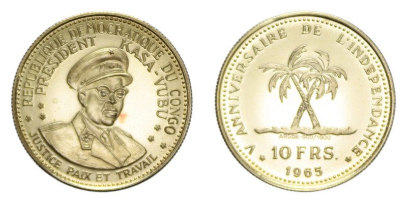 CONGO KASA-VUBU 10 FRANCS 1965 AU. 3,21 GR. PROOF