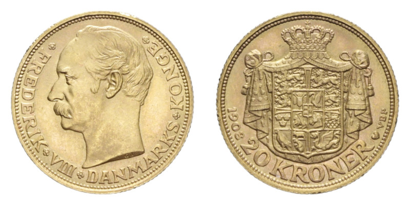 DENMARK FREDERIK VIII 20 KRONER 1908 AU. 8,97 GR. FDC