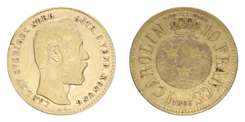 NORWAY CARL XV 10 FRANCS 1868 AU. 3,20 GR. BB/BB+