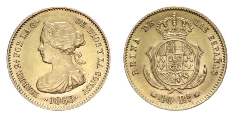 SPAIN ISABEL II 40 REALES 1863 AU. 3,41 GR. SPL/SPL+