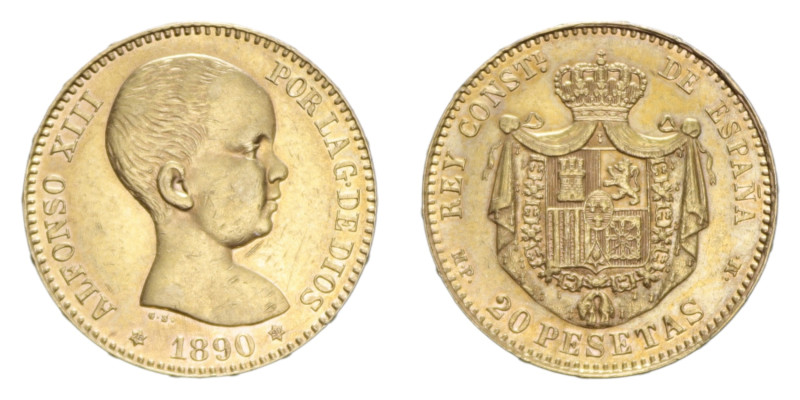 SPAIN ALFONSO XIII 20 PESETAS 1890 AU. 6,44 GR. SPL/SPL+