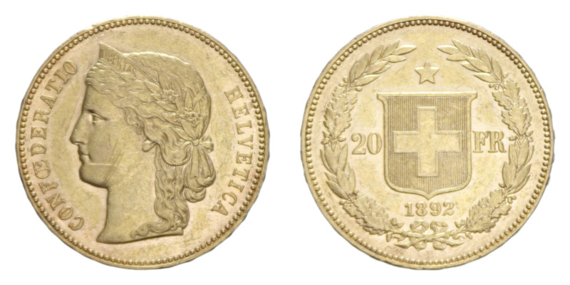 SWISS 20 FRANCS 1892 B AU. 6,49 GR. qSPL (SEGNI)