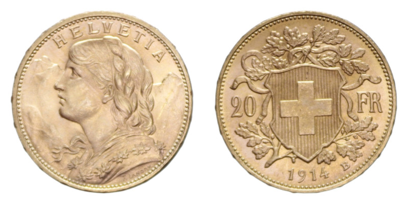 SWISS 20 FRANCS 1914 B AU. 6,47 GR. FDC