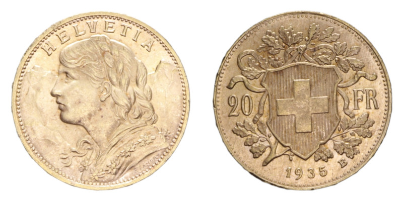 SWISS 20 FRANCS 1935 B R AU. 6,46 GR. SPL-FDC