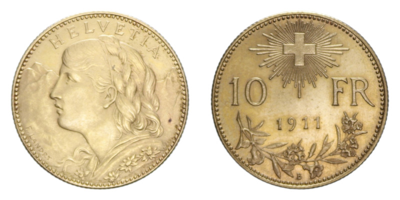 SWISS 10 FRANCS 1911 B AU. 3,24 GR. FDC