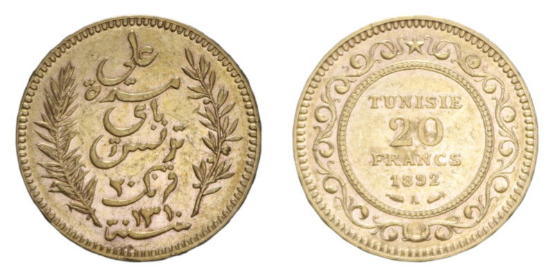 TUNISIA 20 FRANCS 1892 A AU. 6,43 GR. BB-SPL