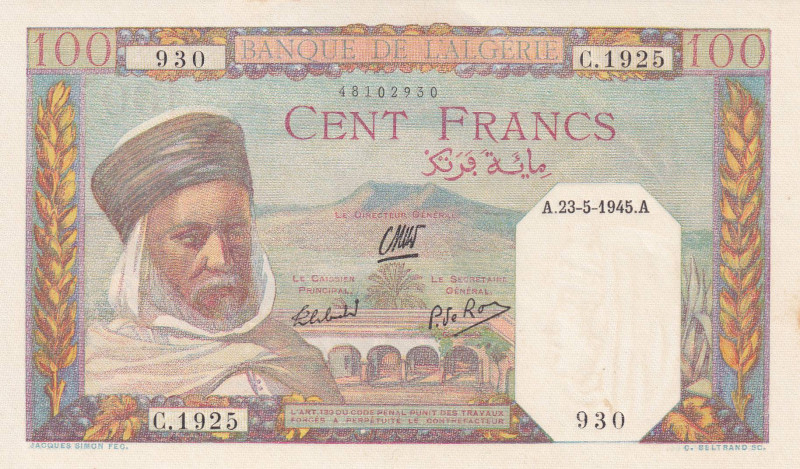 Algeria, 100 Francs, 1945, UNC, p85, Light stained
Estimate: USD 50-100