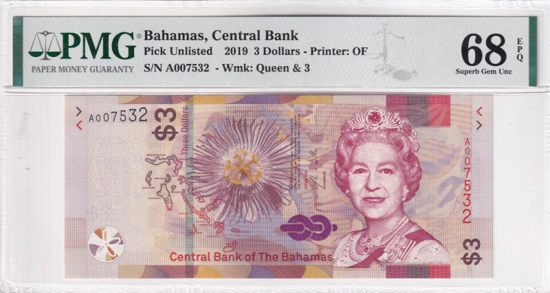 Bahamas, 3 Dollars, 2019, UNC, p78, PMG 68 EPQ, High Condition
, Queen Elizabeth...
