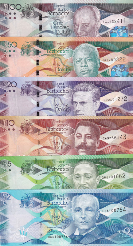 Barbados, 2-5-10-20-50-100 Dollars, 2016/2017, UNC, p73-p78, (Total 6 banknotes)...