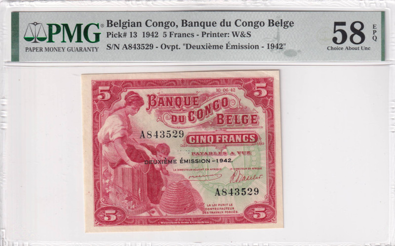 Belgian Congo, 5 Francs, 1942, AUNC, p13, PMG 58 EPQ
Estimate: USD 600-1200