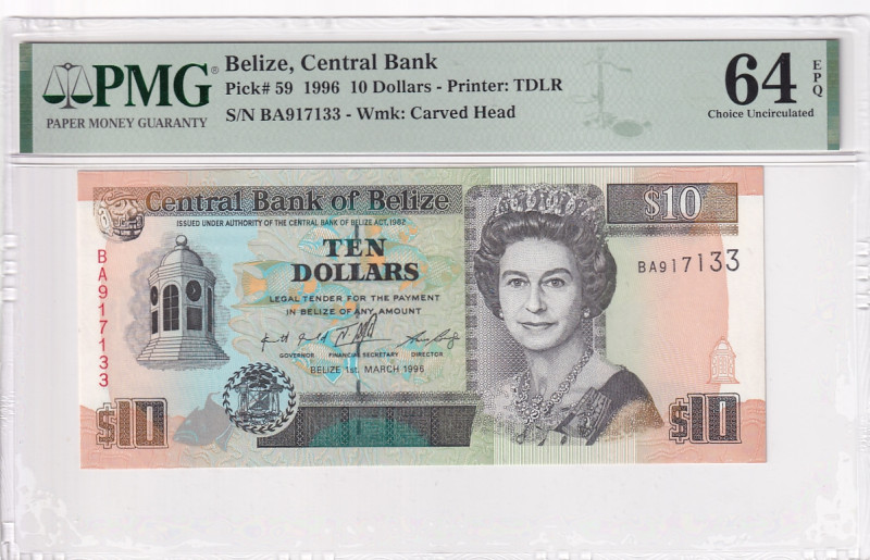 Belize, 10 Dollars, 1996, UNC, p59, PMG 64 EPQ, Queen Elizabeth II. Potrait
Esti...