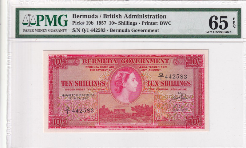 Bermuda, 10 Shillings, 1957, UNC, p19b, PMG 65 EPQ, Queen Elizabeth II. Potrait
...