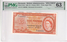 Bermuda, 5 Pounds, 1966, UNC, p21ds, SPECIMEN, PMG 63, Queen Elizabeth II. Potrait
Estimate: USD 2.500-5.000