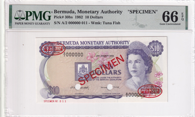 Bermuda, 10 Dollars, 1982, UNC, p30bs, SPECIMEN, PMG 66 EPQ, Queen Elizabeth II....