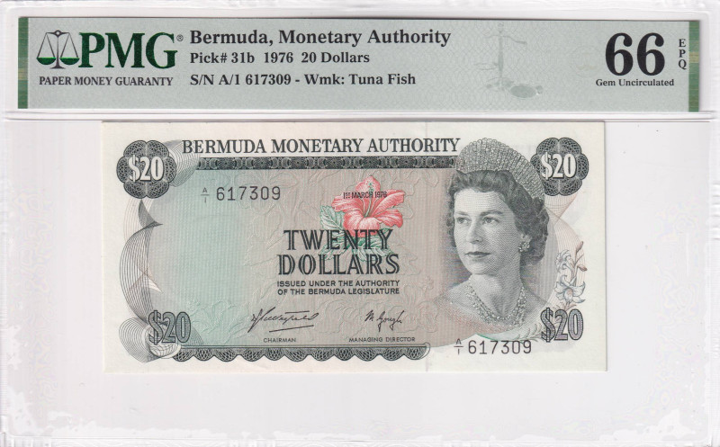 Bermuda, 20 Dollars, 1976, UNC, p31b, PMG 66 EPQ, Queen Elizabeth II. Potrait
Es...