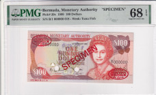 Bermuda, 100 Dollars, 1989, UNC, p39s, SPECIMEN, PMG 68 EPQ, Queen Elizabeth II. Potrait
Estimate: USD 200-400