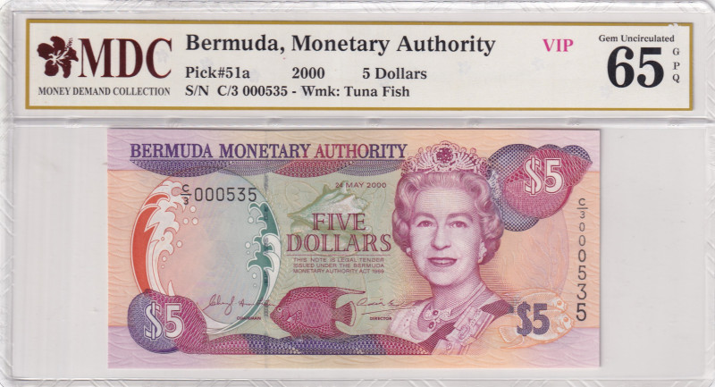 Bermuda, 5 Dollars, 2000, UNC, p51a, MDC 65 GPQ, Queen Elizabeth II. Potrait, Fi...