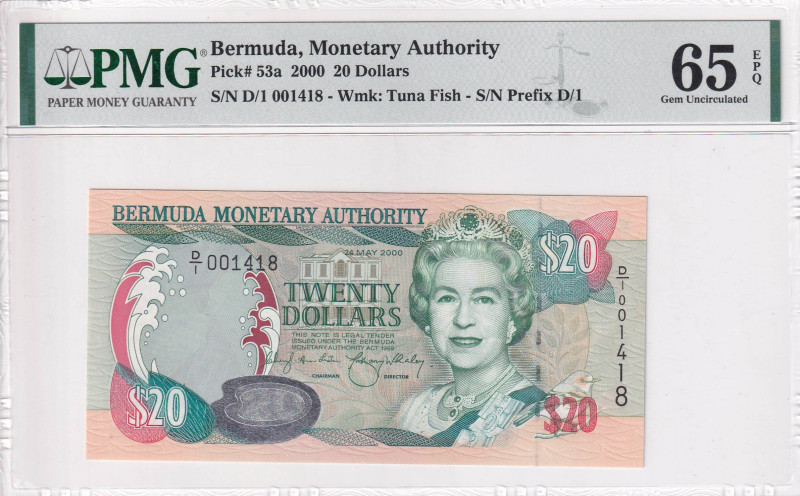 Bermuda, 20 Dollars, 2000, UNC, p53a, PMG 65 EPQ, Queen Elizabeth II. Potrait
Es...