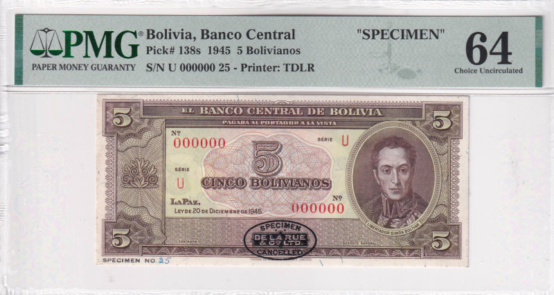 Bolivia, 5 Bolivianos, 1945, UNC, p138s, SPECIMEN, PMG 64
Estimate: USD 100-200