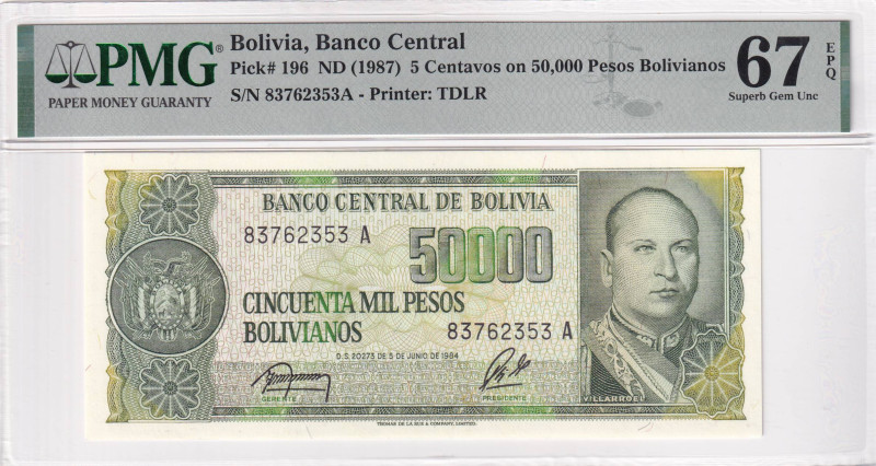 Bolivia, 5 Centavos on 50.000 Pesos Bolivianos, 1987, UNC, p196, PMG 67 EPQ, Hig...