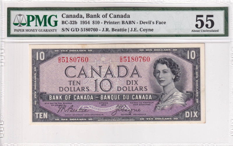 Canada, 10 Dollars, 1954, AUNC, p69b, Devil's Face, PMG 55, Queen Elizabeth II. ...