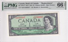 Canada, 1 Dollar, 1954, UNC, p74br, REPLACEMENT, PMG 66 EPQ, Queen Elizabeth II. Potrait
Estimate: USD 250-500