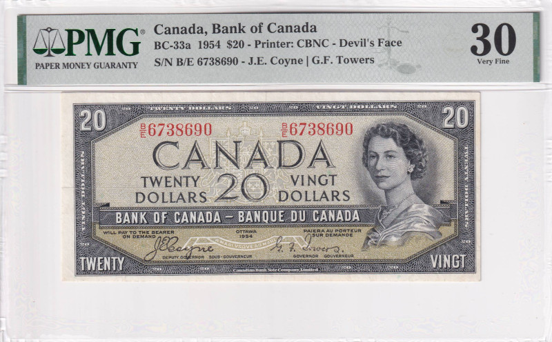 Canada, 20 Dollars, 1954, VF, p80, Devil's Face, PMG 30, Queen Elizabeth II. Pot...